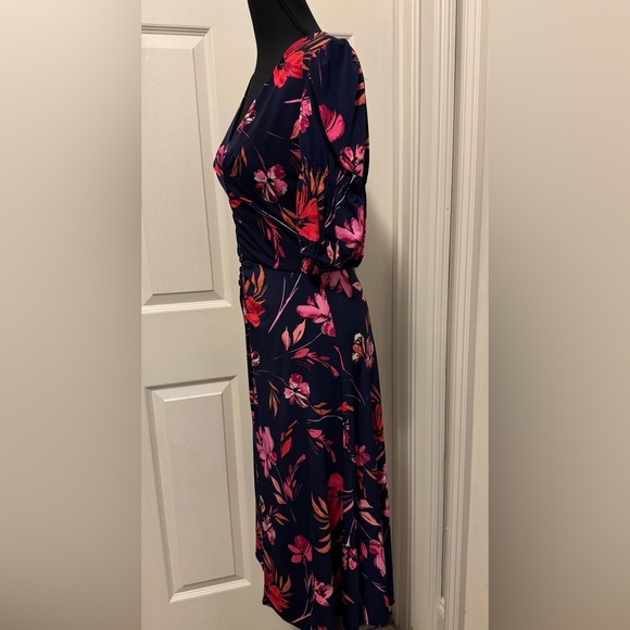 Vince Camuto Blue Ruched Wrap Dress with Puff Sleeves - Picture 3 of 10